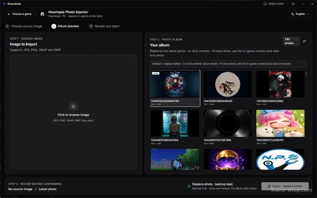 Heartopia Photo Injector — อัลบั้มรูปในเกมและรูปที่จะนำเข้า