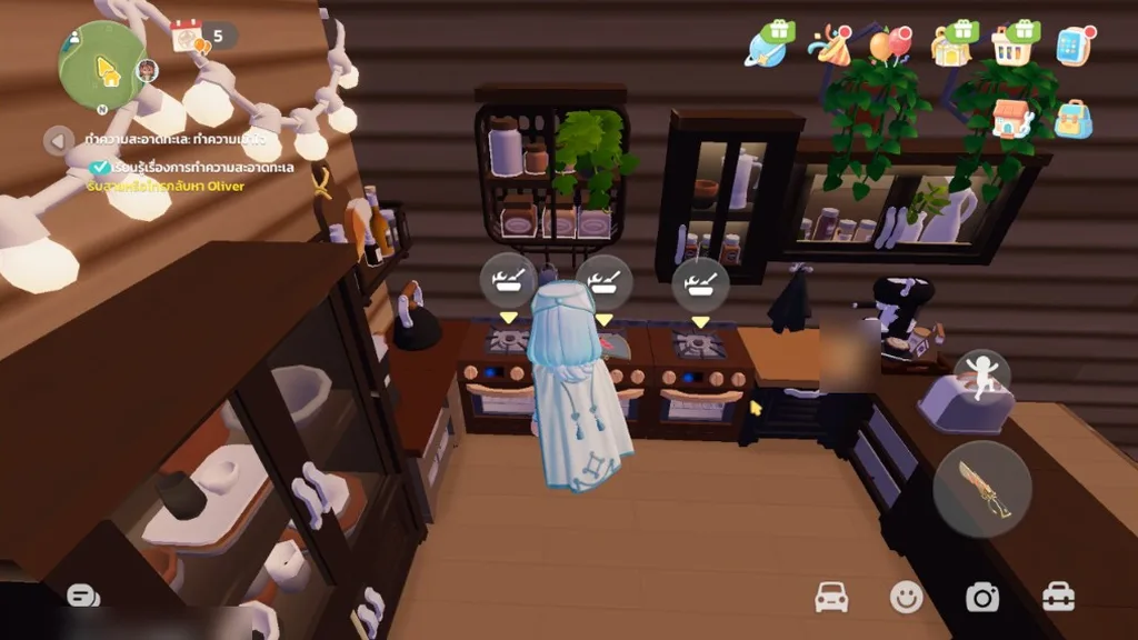Heartopia Auto Cook — ภาพจริงในเกม ตัวละครยืนหน้าเตา 3 เตา ไอคอนหม้อขึ้นทุกเตา