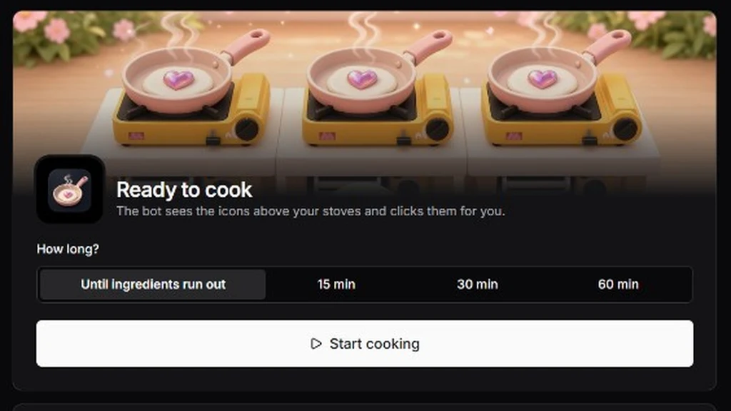 Heartopia Auto Cook — หน้า Auto Cook ใน KianoHub เลือกเวลาแล้วกด Start cooking