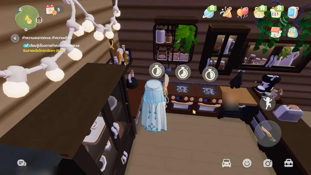 Heartopia Auto Cook — ภาพจริงในเกม ทั้ง 3 เตากำลังทำอาหารพร้อมกัน